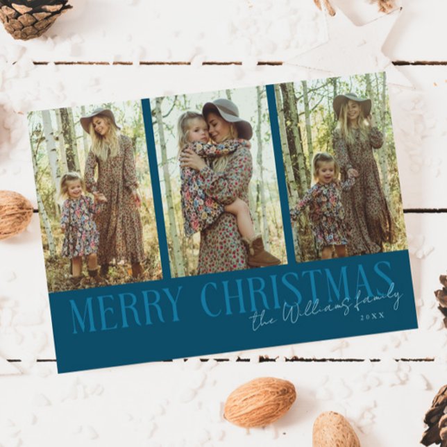 Merry Christmas Signature Multi Photo Teal Holiday Card (Creator Uploaded)