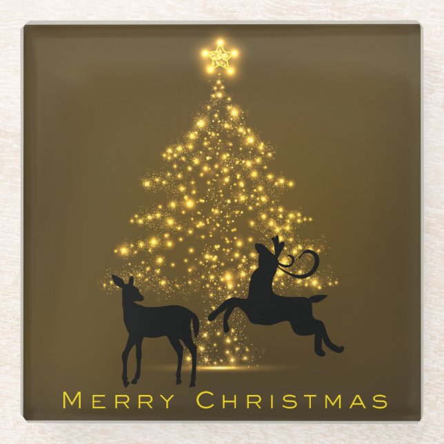 Merry Christmas Silhouette Deer and Golden Tree Glass Coaster (Front)