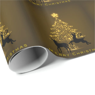 Merry Christmas Silhouette Deer and Golden Tree Wrapping Paper
