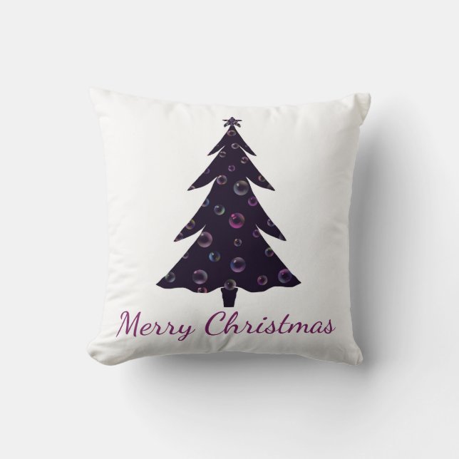 Merry Christmas, silhouette tree, colourful bubble Throw Pillow (Front)