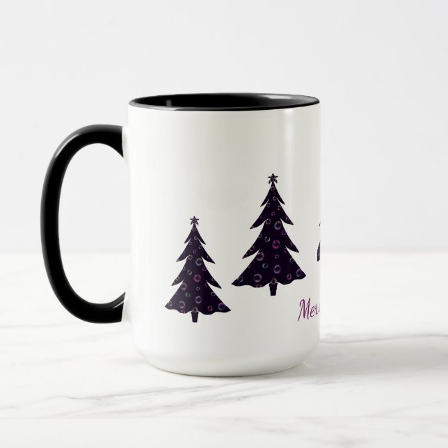 Merry Christmas, silhouette tree, rainbow bubbles Mug (Left)