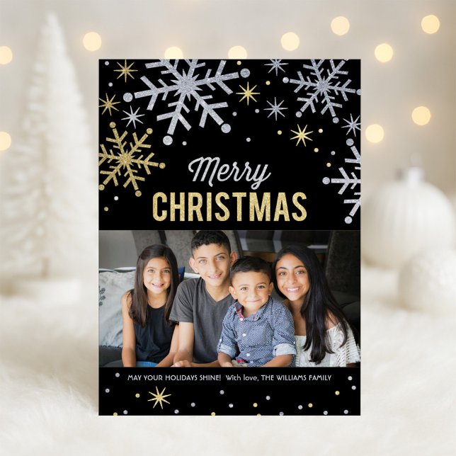 Merry Christmas Silver and Gold Sparkle Photo Holiday Card (Creator Uploaded)