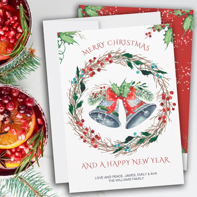 Merry Christmas Silver Bells and Rustic Wreath Holiday Card (Creator Uploaded)
