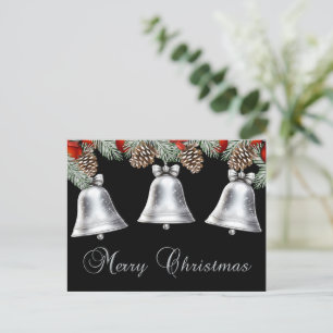 Merry Christmas Silver Bells with Pine Cones Holiday Postcard