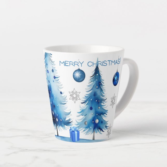 Merry Christmas Silver & blue Japandi Watercolor  Latte Mug (Right Angle)