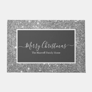 Merry Christmas silver glitter grey family name   Doormat