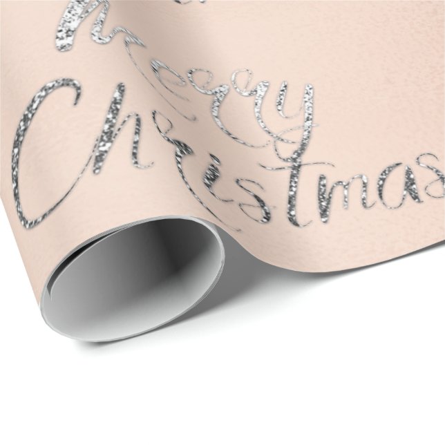 Merry Christmas Silver Grey Glitter Pink RoseBlush Wrapping Paper (Roll Corner)