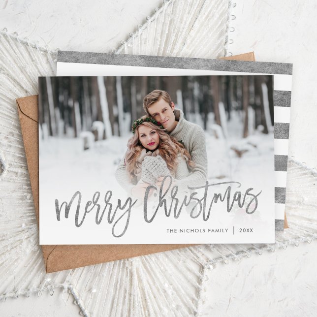 Merry Christmas Silver Script Photo Overlay Holiday Card (Creator Uploaded)