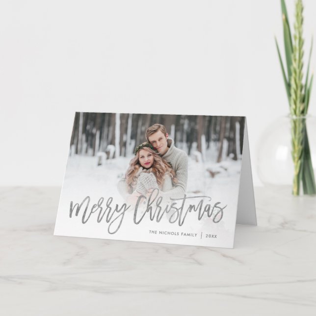 Merry Christmas Silver Script Photo Overlay Holiday Card (Front)