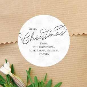 Merry Christmas Silver Script Winter Snowflake Classic Round Sticker