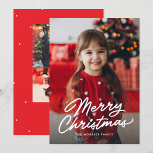 Merry Christmas simple casual script three photo Holiday Card
