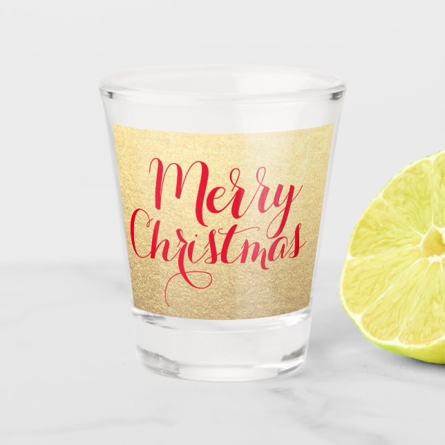 Merry Christmas Simple Clean Red Gold Gift Shot Glass (Front)