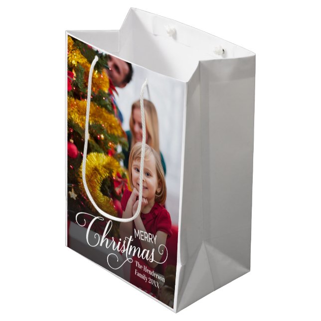 Merry Christmas Simple Custom Photo Medium Gift Bag (Front Angled)
