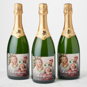 Merry Christmas Simple Custom Photo Sparkling Wine Label