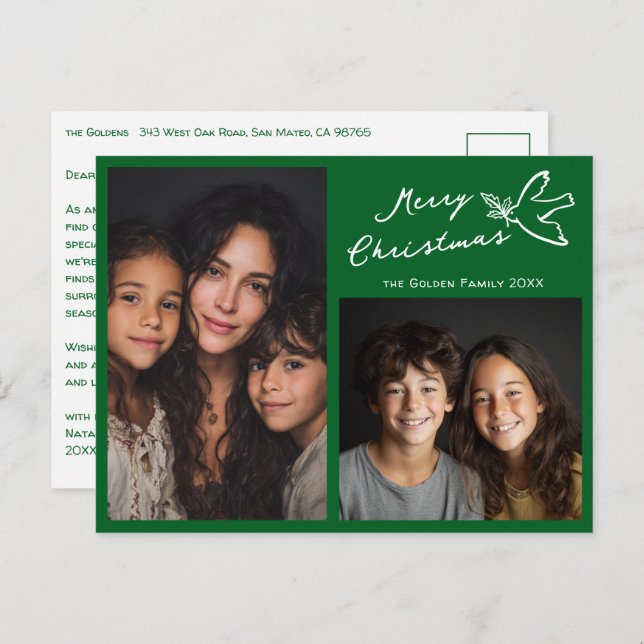 MERRY CHRISTMAS Simple Dove CUSTOM 2 PHOTO Holiday Postcard (Front/Back)