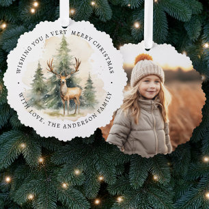 Merry Christmas simple elegant photo pine green Ornament Card