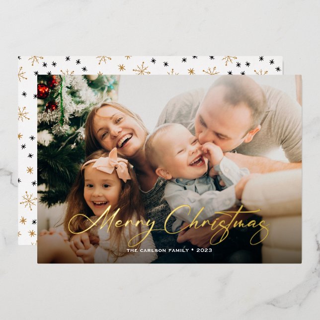 Merry Christmas Simple Family Photo Foil Holiday Card (Front/Back)