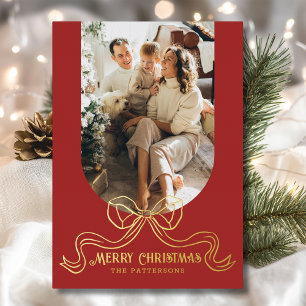Merry Christmas Simple Modern Coquette Bow Photo Foil Holiday Card