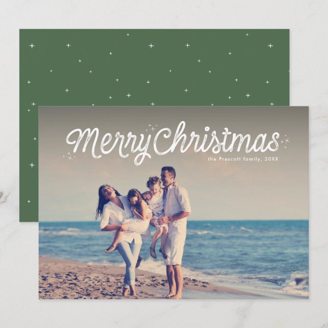 Merry Christmas simple retro script one photo Holiday Card (Front/Back)