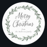 Merry Christmas Simple Rustic Watercolor Greenery Classic Round Sticker<br><div class="desc">Beautiful,  simple,  rustic Merry Christmas label with green watercolor wreath and your custom signature.</div>