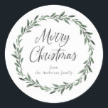 Merry Christmas Simple Rustic Watercolor Greenery Classic Round Sticker<br><div class="desc">Beautiful,  simple,  rustic Merry Christmas label with green watercolor wreath and your custom signature.</div>