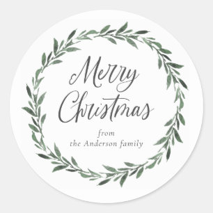 Merry Christmas Simple Rustic Watercolor Greenery Classic Round Sticker