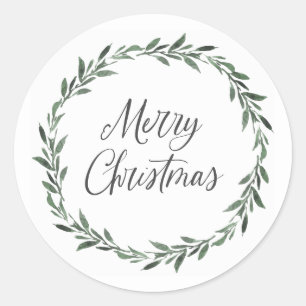 Merry Christmas Simple Rustic Watercolor Greenery Classic Round Sticker