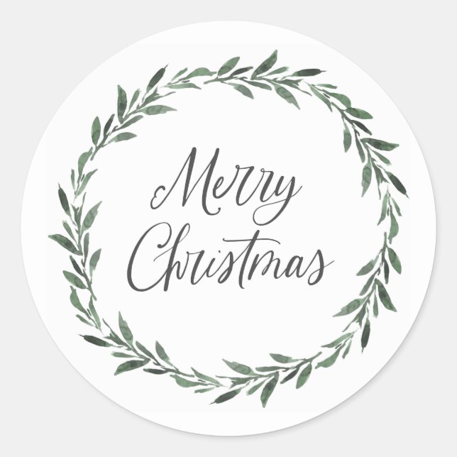 Merry Christmas Simple Rustic Watercolor Greenery Classic Round Sticker (Front)