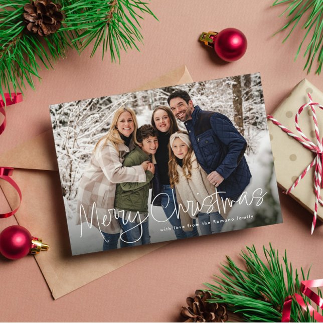 Merry Christmas simple script four photo green Holiday Card (Creator Uploaded)