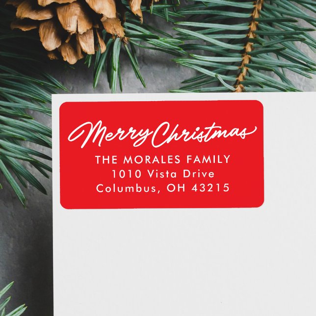 Merry Christmas simple script red return address Label (Creator Uploaded)