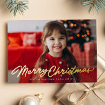 Merry Christmas simple script two photo Foil Holiday Card<br><div class="desc">This simple holiday photo card features a simple script "Merry Christmas" type treatment in gold foil on a single horizontal photo. This foil holiday card is great as a family Christmas card, a couple's Christmas card, a grandparent Christmas card and more. The back of the card is a festive red...</div>