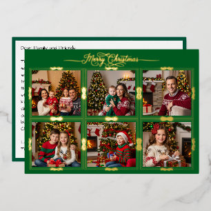 Merry Christmas Six Framed Pictures Front Green Foil Holiday Card