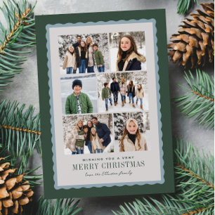 Merry Christmas six photo collage green blue Holiday Card