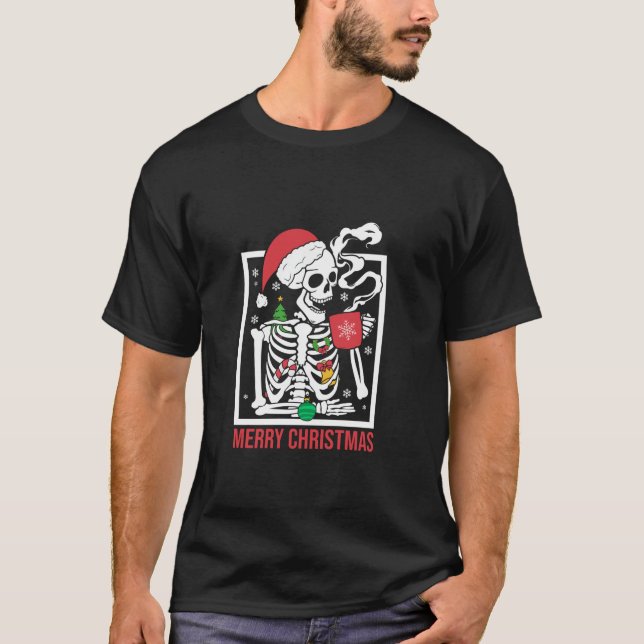 Merry Christmas Skeleton Wearing Santa Hat With Co T-Shirt (Front)