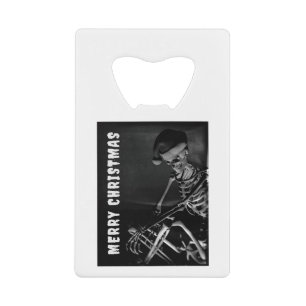 Merry Christmas. Skeleton with Santa hat Credit Card Bottle Opener