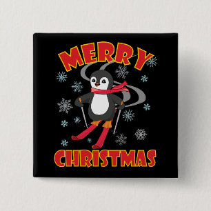 Merry Christmas Skiing Penguin 2 Inch Square Button