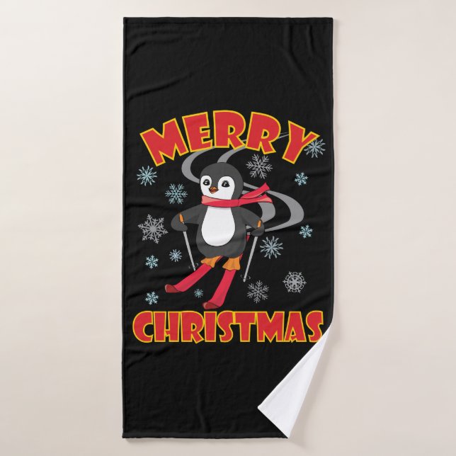 Merry Christmas Skiing Penguin Bath Towel (Bath Towel)