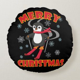 Merry Christmas Skiing Penguin Round Pillow