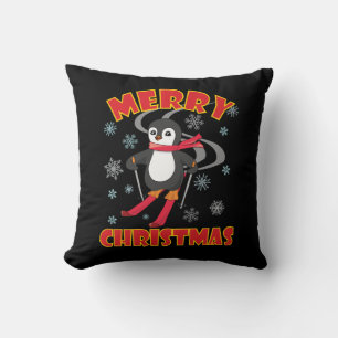 Merry Christmas Skiing Penguin Throw Pillow