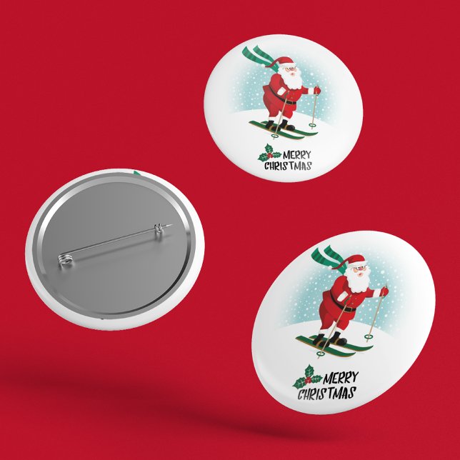 Merry Christmas Skiing Santa Claus | Holidays 2 Inch Round Button (Creator Uploaded)
