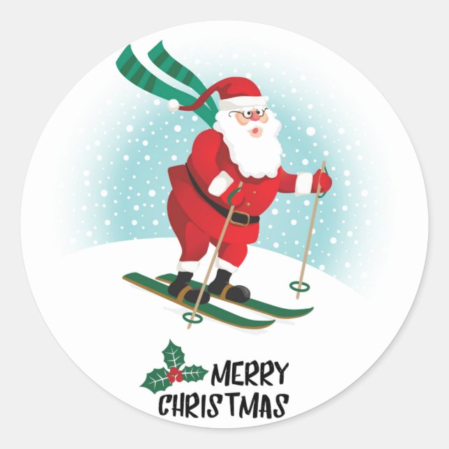 Merry Christmas Skiing Santa Claus | Holidays Classic Round Sticker (Front)
