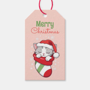 Merry Christmas - Sleeping Kitten in Santa Hat Gift Tags