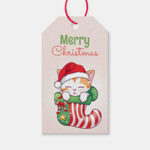 Merry Christmas - Sleeping Kitten in Santa Hat Gift Tags