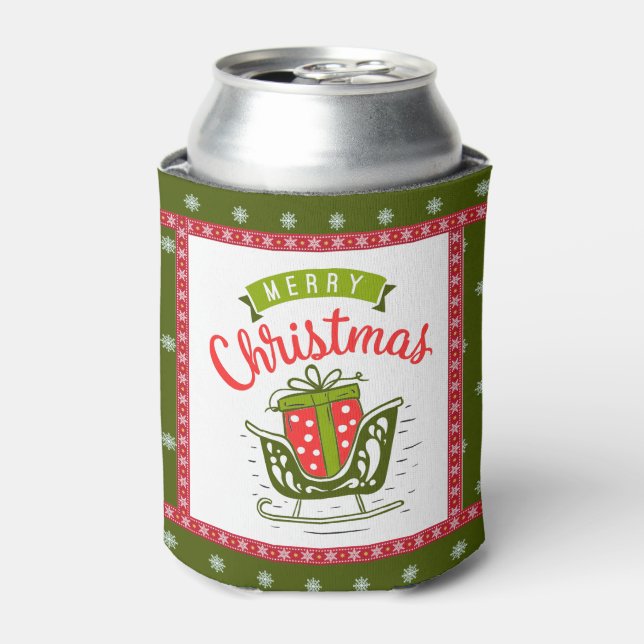 Merry Christmas Sleigh Festive Red Green Snowflake Can Cooler (Can Front)