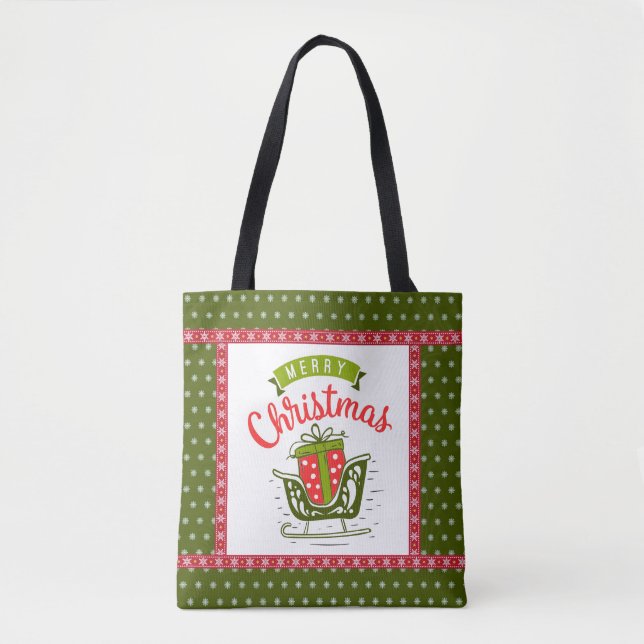 Merry Christmas Sleigh Festive Red Green Snowflake Tote Bag (Front)