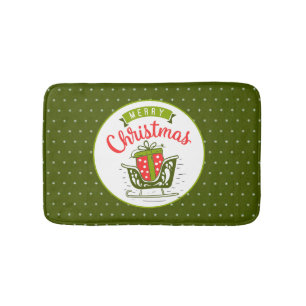 Merry Christmas Sleigh Red Green Snowflake Pattern Bath Mat