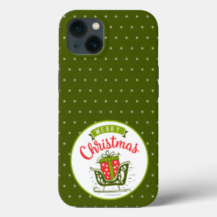 Merry Christmas Sleigh Red Green Snowflake Pattern iPhone 13 Case