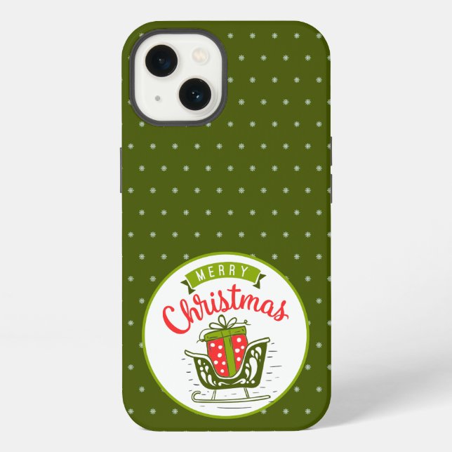 Merry Christmas Sleigh Red Green Snowflake Pattern iPhone Case (Back)