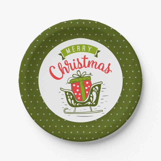 Merry Christmas Sleigh Red Green Snowflake Pattern Paper Plate (Front)