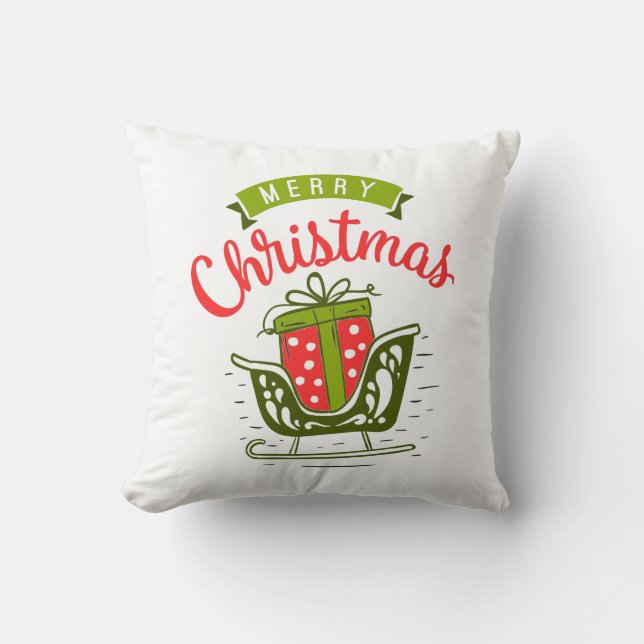 Merry Christmas Sleigh Red Green Snowflake Pattern Throw Pillow (Front)
